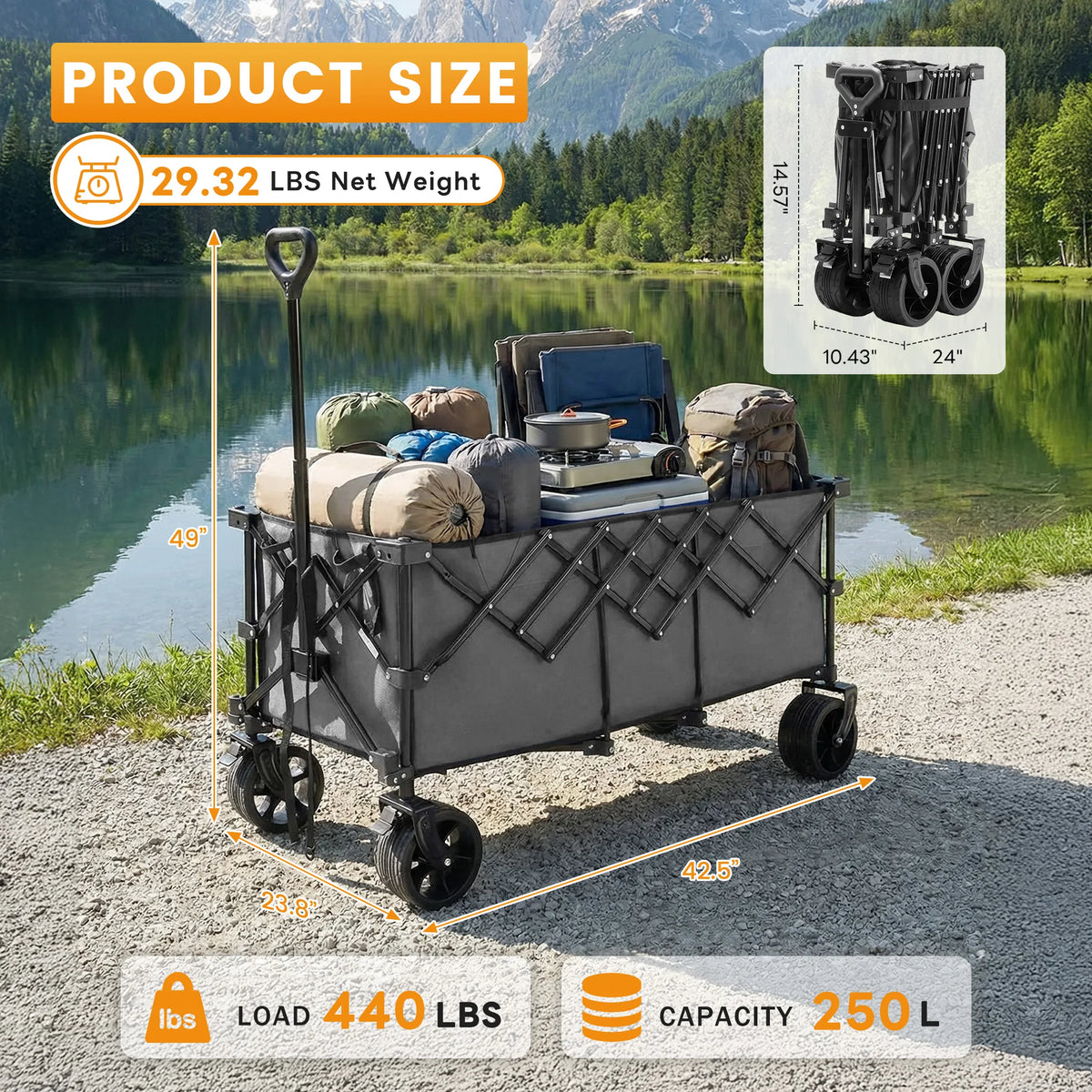 JHK Portable Extended Collapsible Wagon Cart 440lbs Foldable Extra Long Heavy Duty Utility Wagon with Wheels Storage Grocery Cart for Camping Shopping Sports Beach Garden