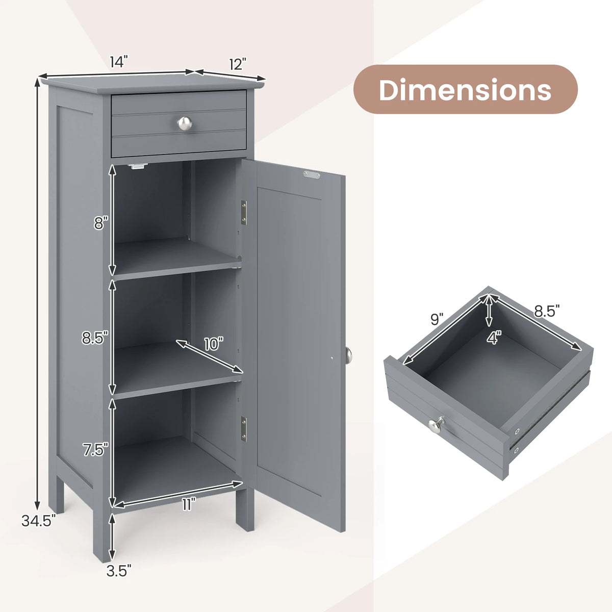 Costway Bathroom Floor Cabinet Storage Organizer Free-Standing w/ Drawer Grey