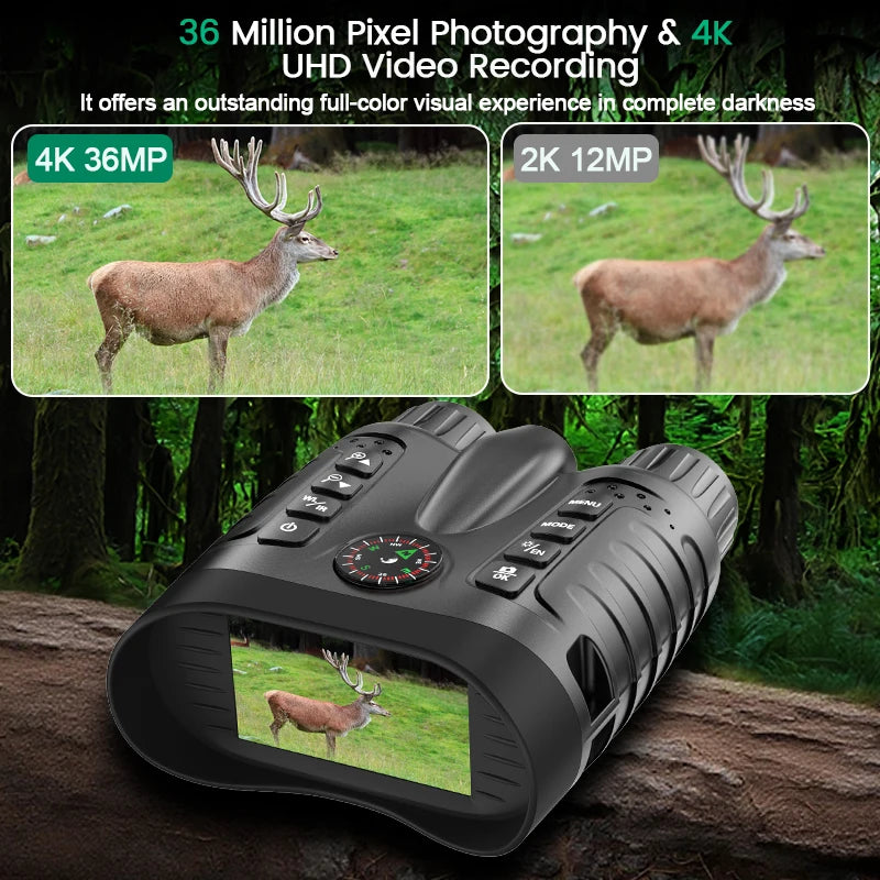 Night Vision Binoculars 36MP 4K 400m Darkness Detection Range Telescope 8x with Mechanical Compass External White LED NV2185