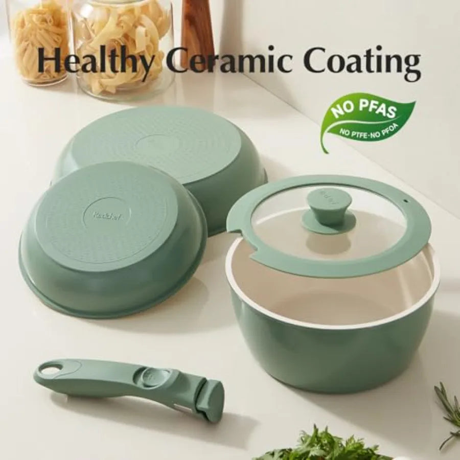 32pcs Ceramic Pots and Pans Set Non Stick Nonstick Kitchen Cookware Set with Detachable Handle Non Toxic PFAS PFOA and PTFE Fre