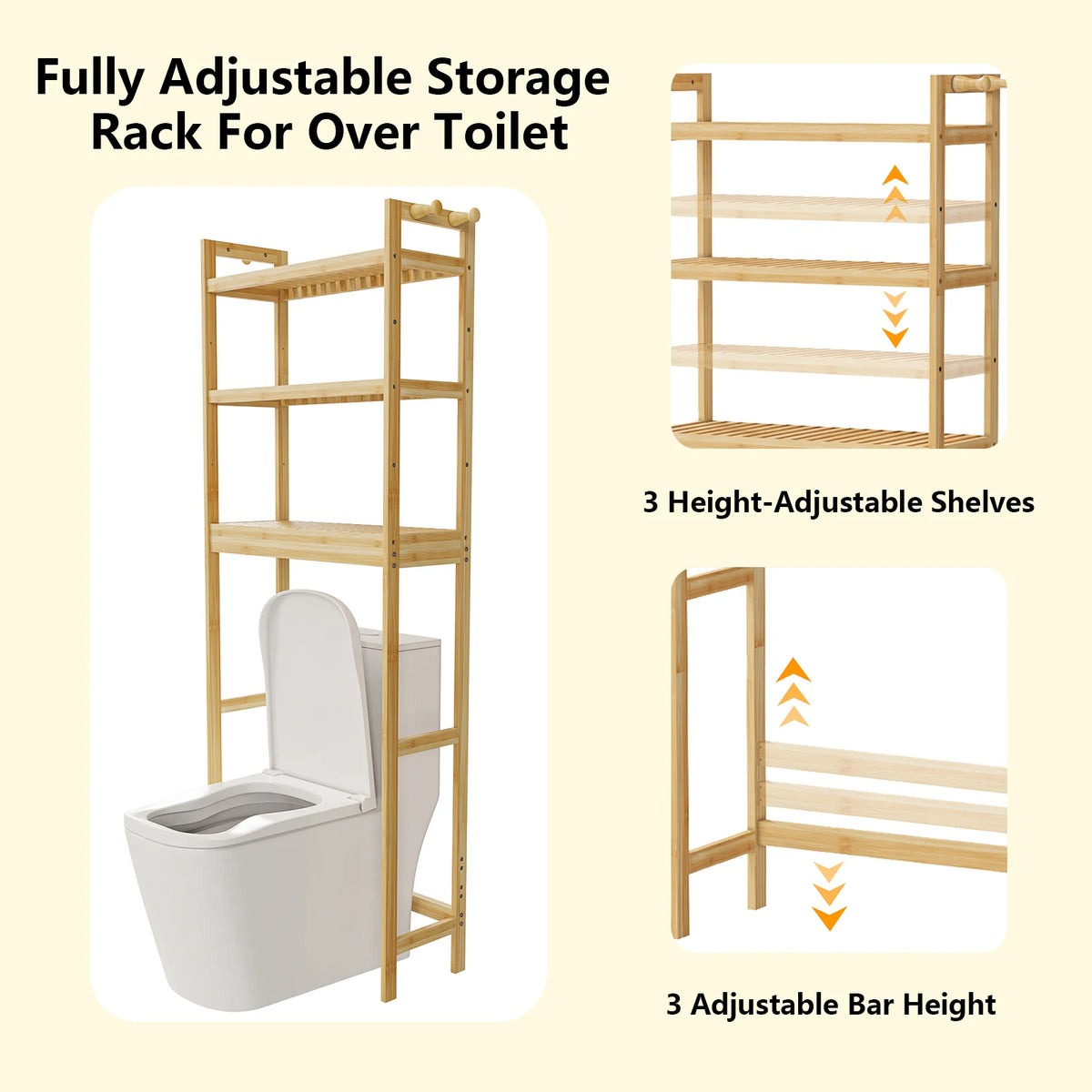 Bamboo Bathroom Finishing Rack With Hook and 3-Layer Height Adjustable Shelf Stable Durable Saving Space Laundry Room Bathroom