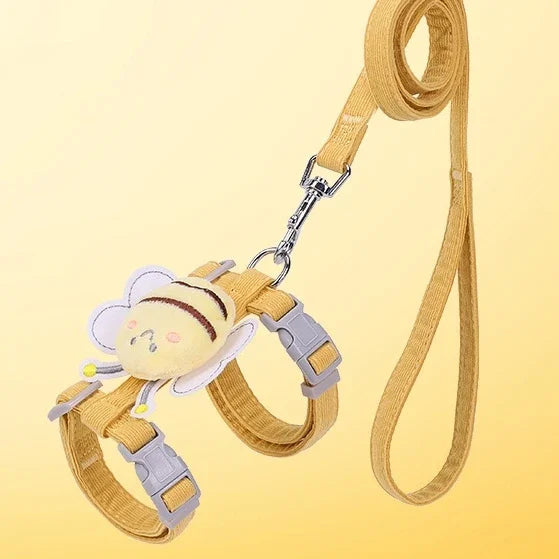 Cartoon Bee Double‑Layer Pet Harness Collar Leash Set Adjustable For Cat Small Medium Dog Outdoor Walking Supply