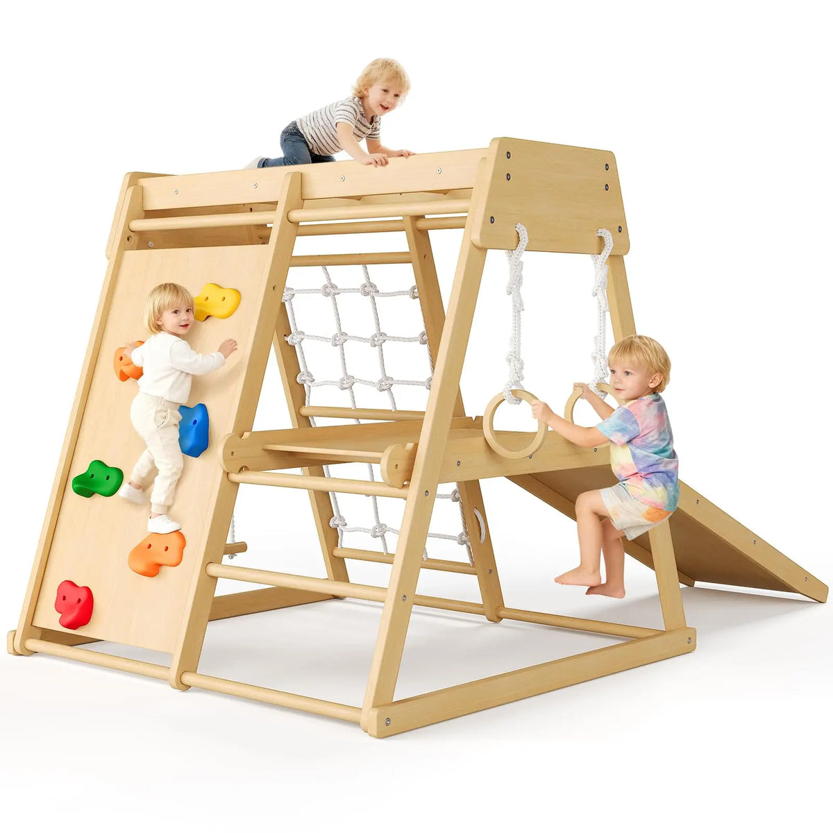 6 In 1 Wooden Indoor Jungle Gym For Kids, Slide Climber Playset With Monkey Bars, Rock Wall, Rope Net, Rings & Ladder For Home