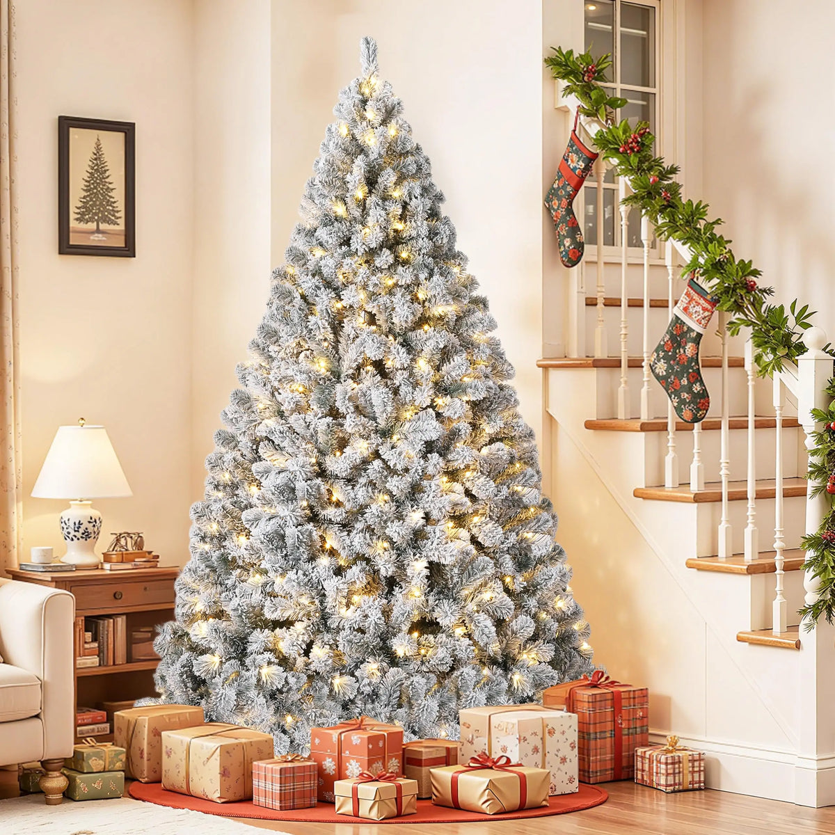 6FT/7.5FT Flocked Artificial Christmas Tree with Snowy Warm White LED Lights Hinged Divisions & Metal Stand  Soft Snow Fraser Fir Holiday Decor for Home & Office