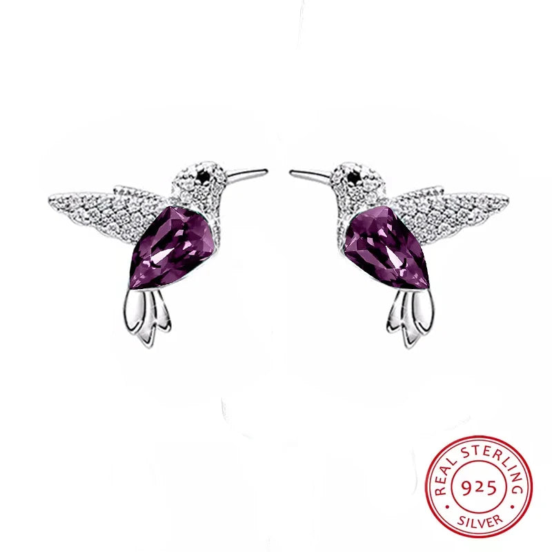 COCOM S925 Sterling Silver Hummingbird Crystal Stud Earrings for Women Girls Earrings 2021 Trend Christmas Fine Jewelry Gift