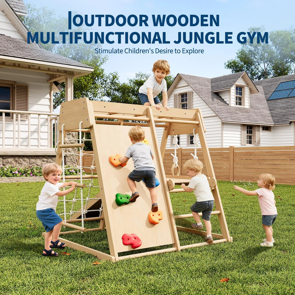 6 In 1 Wooden Indoor Jungle Gym For Kids, Slide Climber Playset With Monkey Bars, Rock Wall, Rope Net, Rings & Ladder For Home