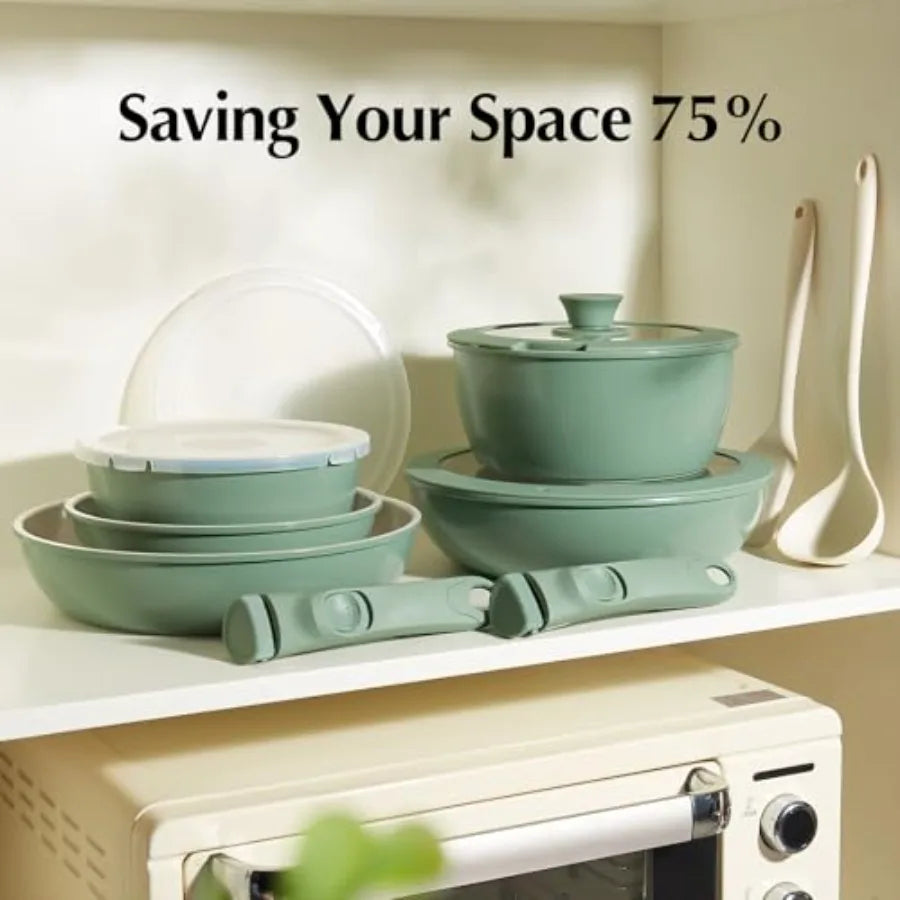 32pcs Ceramic Pots and Pans Set Non Stick Nonstick Kitchen Cookware Set with Detachable Handle Non Toxic PFAS PFOA and PTFE Fre