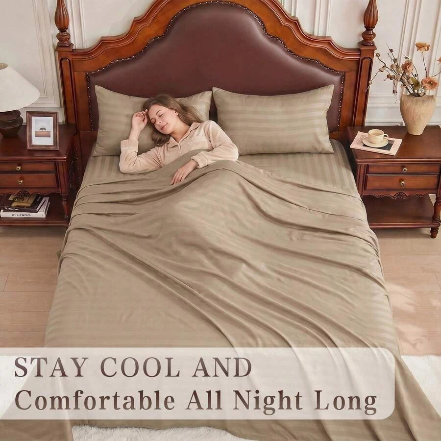 Striped Cooling Sheets Set King Size - Fitted Flat Sheet & Pillowcase Sets 4 Piece - Super Soft Stripe Bed Sheet, Easy Care, Deep Pocket /sf260521111363488956160
