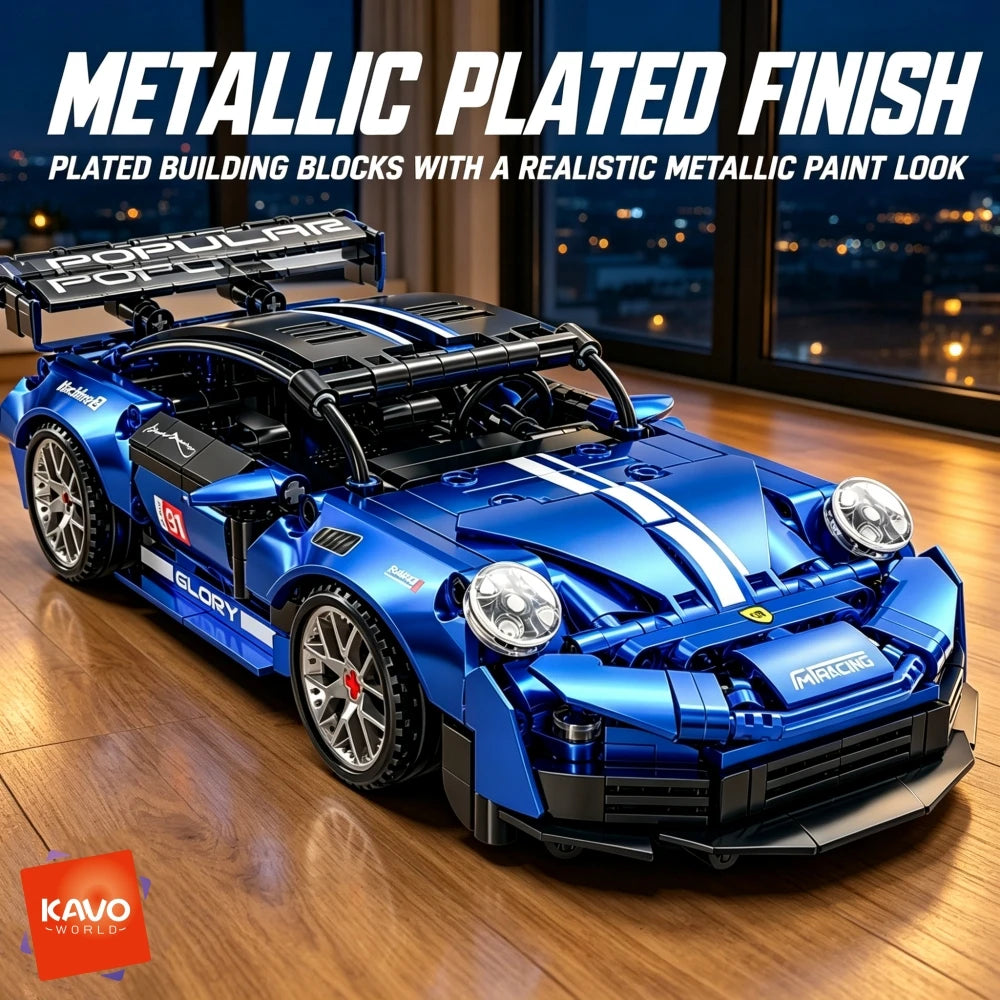 KAVOWORLD Metallic Blue Plated Sports Car Building Blocks Small Supercar Model Toy Kit Race Car Building Set for Teens 14+ GT Assembly Display Model with Rear Wing Spoiler European Classic Speed Car Desktop Decor Halloween Th