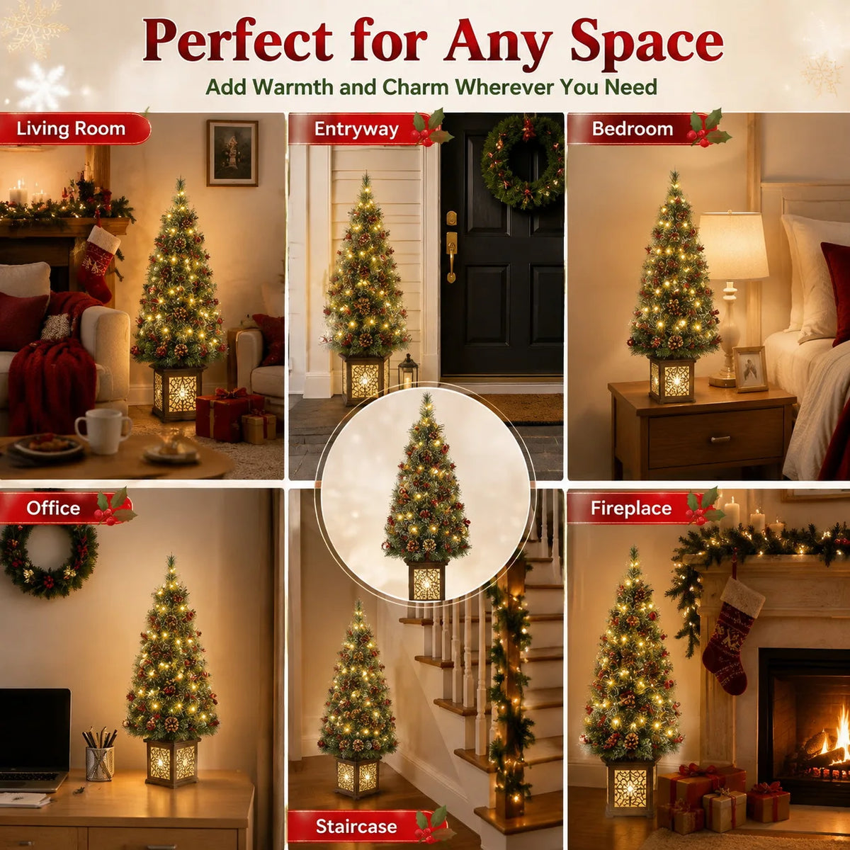 4.5ft Pre Lit Artificial Christmas Tree with 300 LED Lights 8 Modes Timer Battery Operated Realistic Spruce Xmas Decor with Antique Urn Base for Indoor Holiday Home Desk Table Decoration