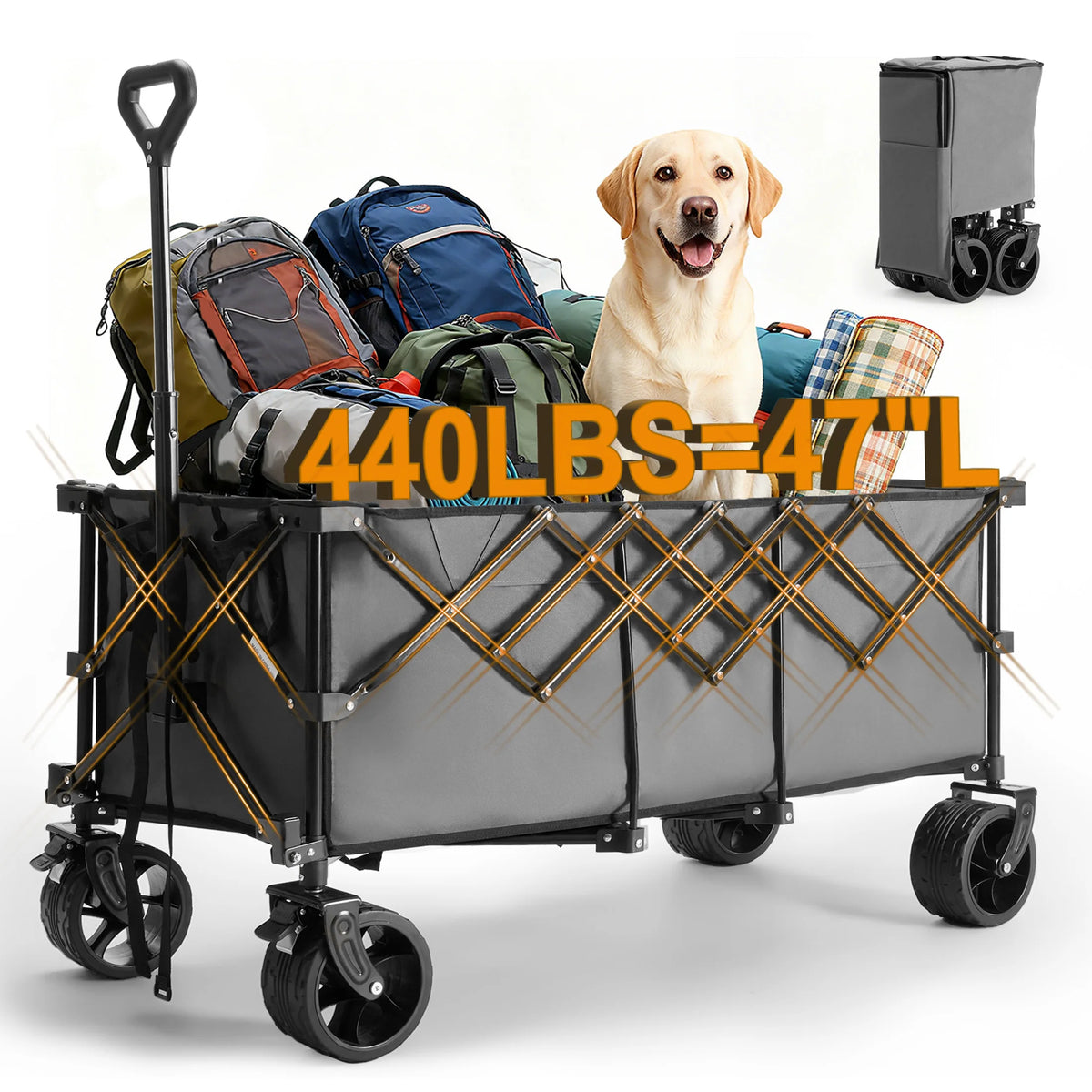 JHK Portable Extended Collapsible Wagon Cart 440lbs Foldable Extra Long Heavy Duty Utility Wagon with Wheels Storage Grocery Cart for Camping Shopping Sports Beach Garden