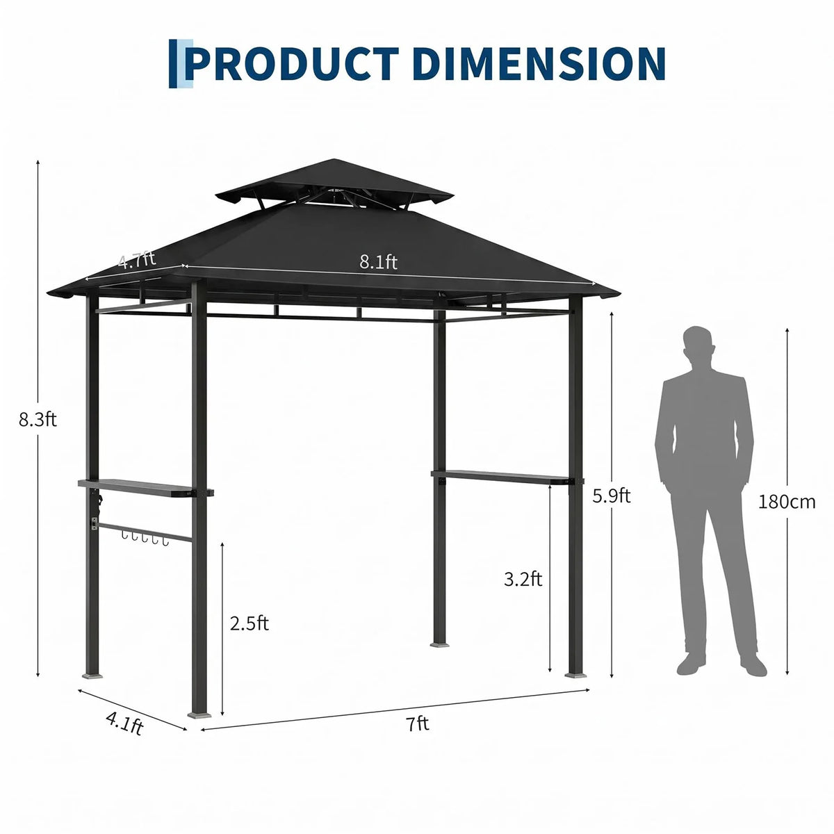 Outdoor BBQ Grill Gazebo 8x5 FT, Double Roof Vented Patio Canopy Tent With 2 Side Shelves For Backyard Cooking