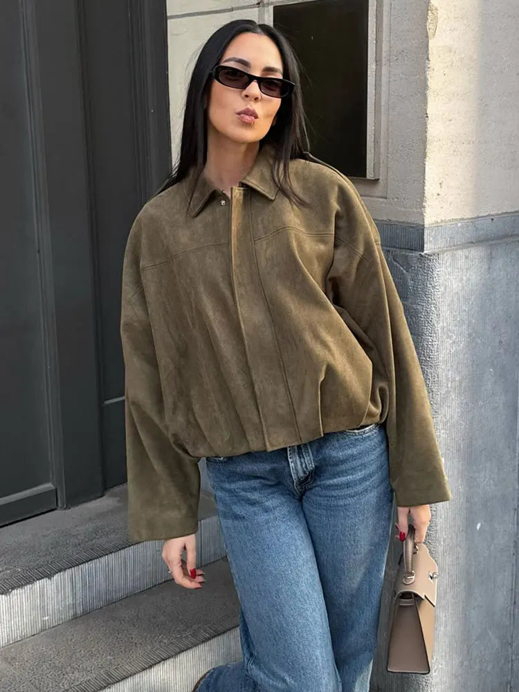 HH Women Elegant Party Jacket Loose Casual Office Coat Lapel Zipper Long Sleeve Vintage Autumn Vacation Winter Solid Outerwear
