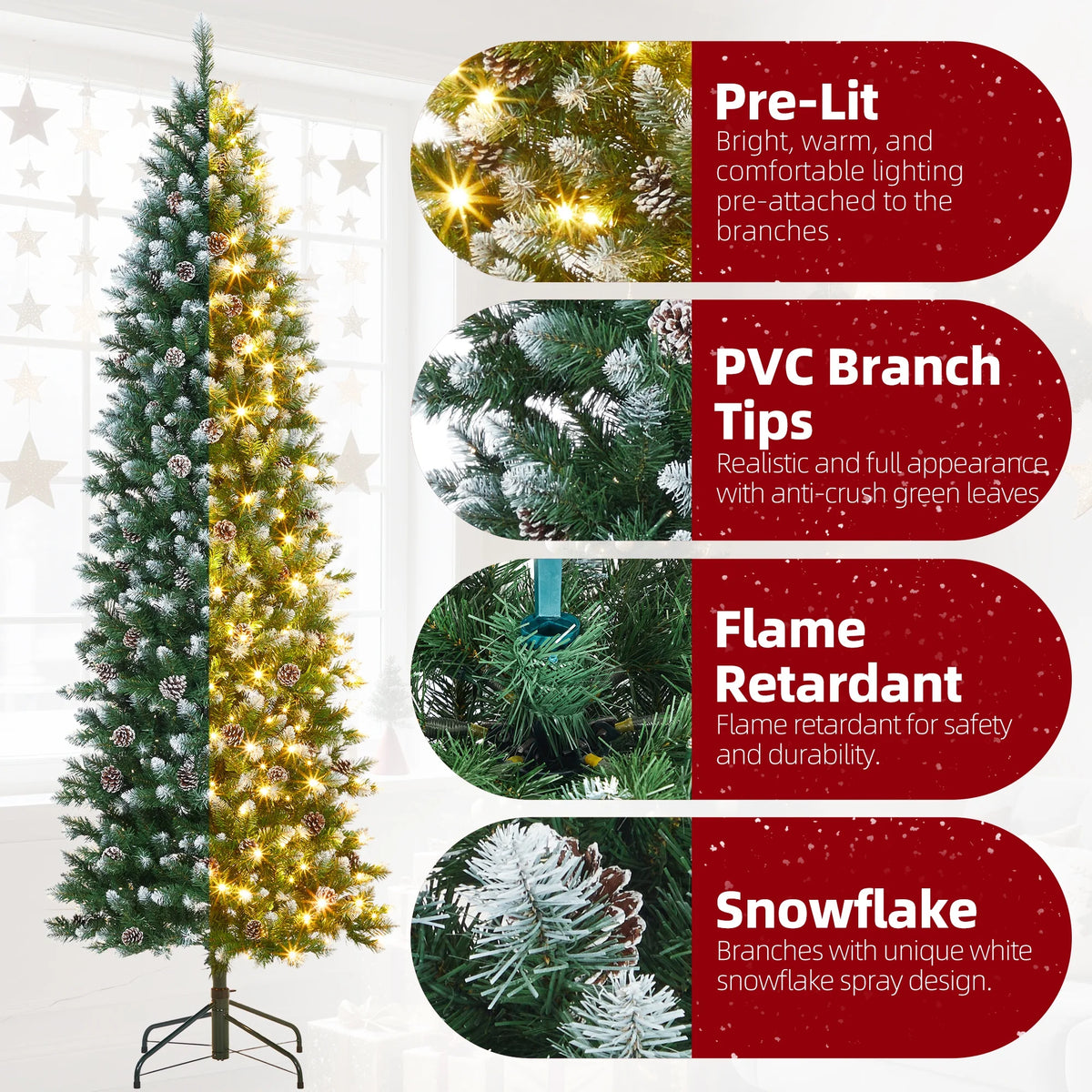 12ft Pre-Lit Flocked Slim Pencil Christmas Tree with 700 Warm White LEDs, 60 Pine Cones & Collapsible Metal Stand – Artificial Xmas Tree for Indoor Outdoor Holiday Decor
