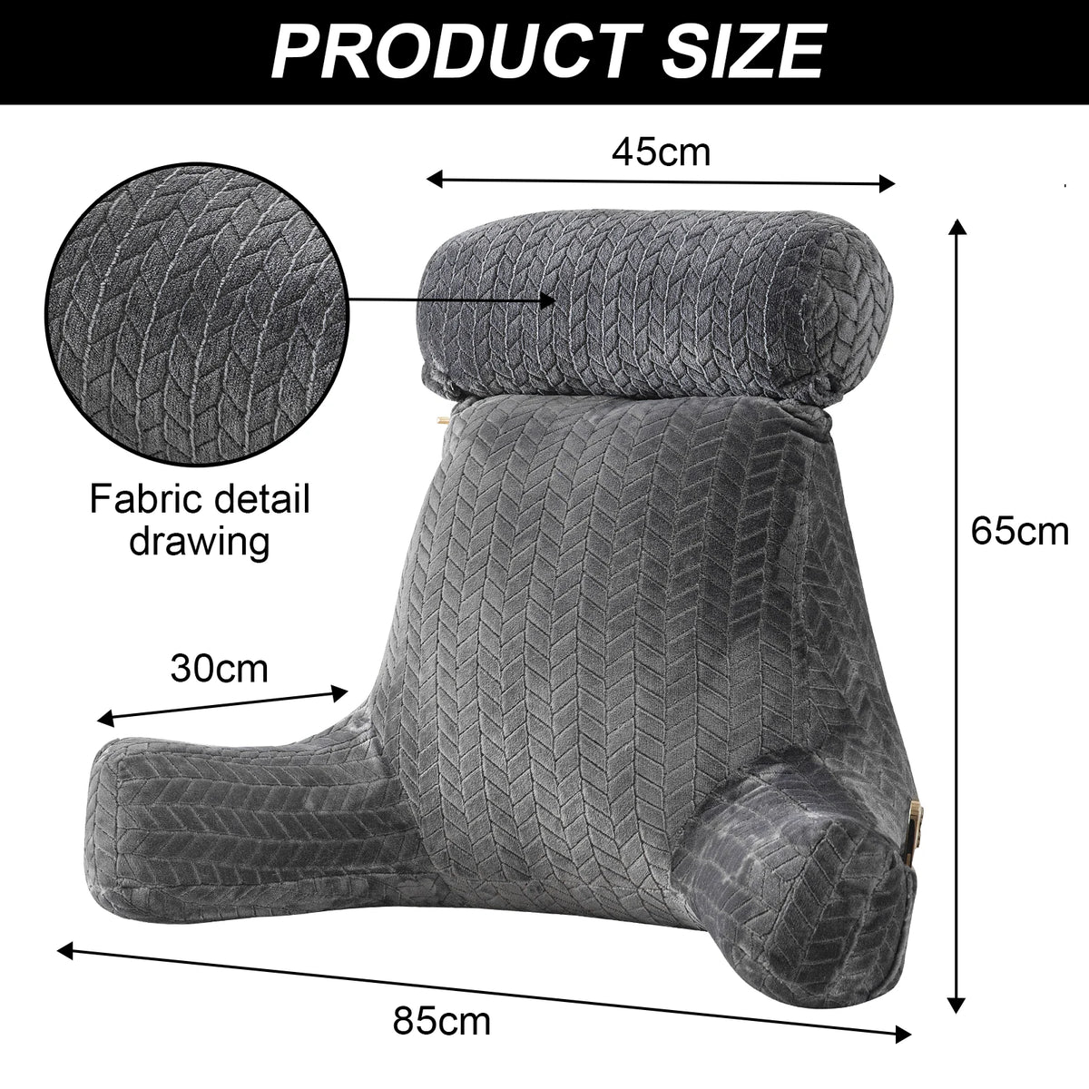 Bed Rest Reading Pillow Sit Up Pillow for Bed Backrest Support Sofa Couch Cushion with Arms, Side Pockets, Detachable Neck Roll