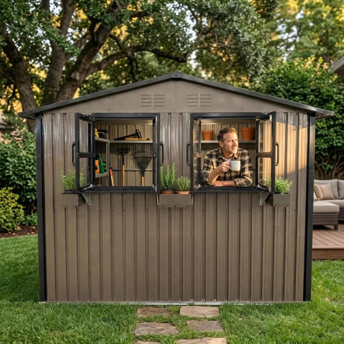 9x6 FT Outdoor Metal Storage Shed with Window & Flower Rack, Lockable Double Doors Tool Shed, Waterproof Weatherproof Garden Shed for Backyard Patio,  Coal Gray
