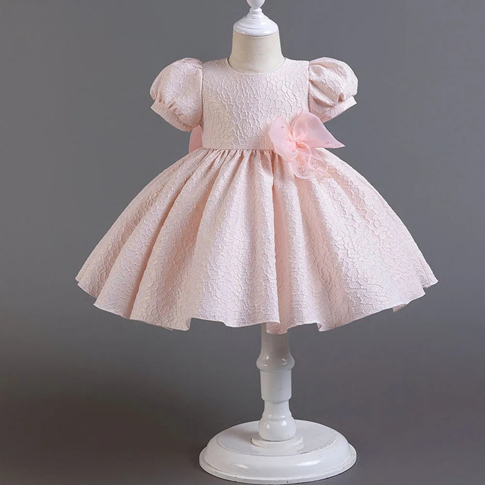 Super Pearl Bow Girl Kid's Dress Puff Sleeve Princess Jacquard Flower Infant Dress Gown Christmas Party Clothes 1-6 Years