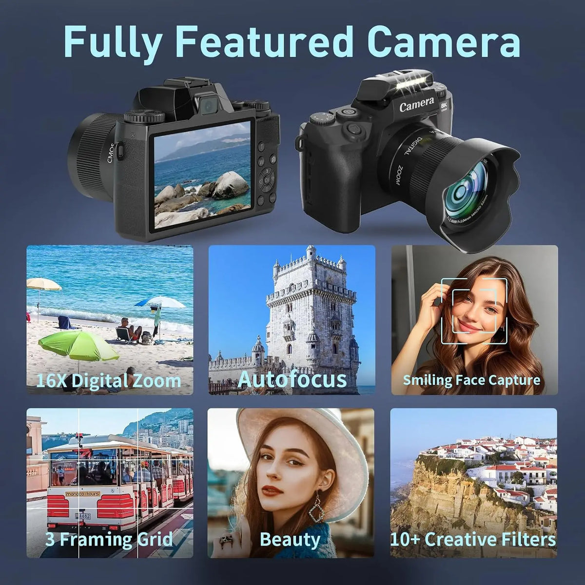8K 64MP WiFi Vlogging Digital Camera with 4-Inch Touchscreen, 16X Zoom Autofocus Dual Lens, 3000mAh Battery, 32GB Card & Lens Hood, for YouTube and Photography (Black)