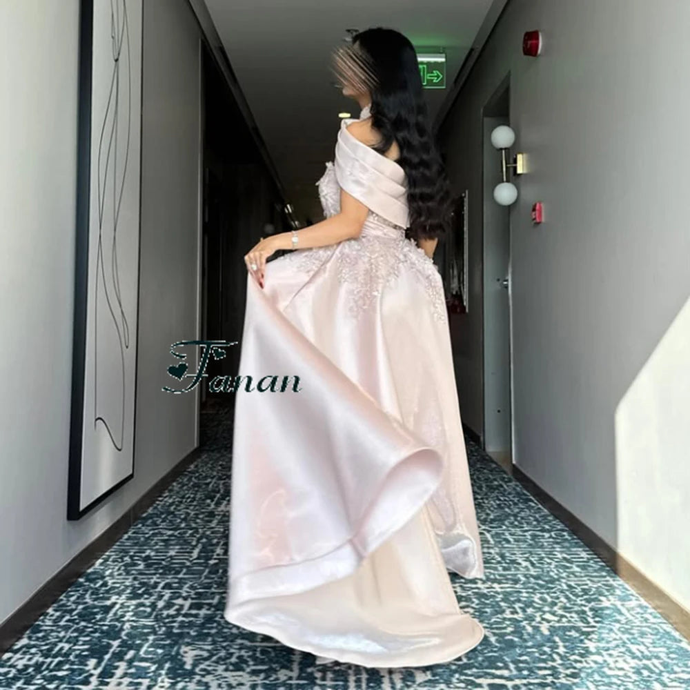 Customized Halter Neck Pink Satin A-line Evening Dress Flower Appliques Sleeveless Party Prom Dress Draped Floor Length Gown