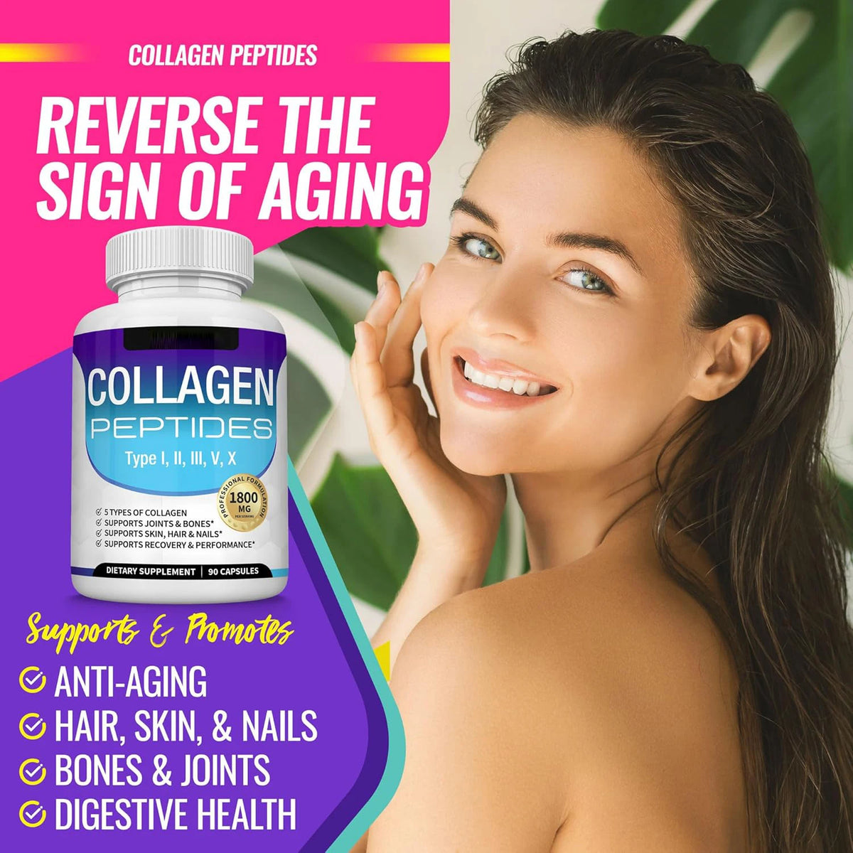 Multi Collagen Peptides Capsules 1800mg Type I,II,III,V,X Hydrolyzed Protein Collagen Complex for Skin, Hair, Nails, Joint