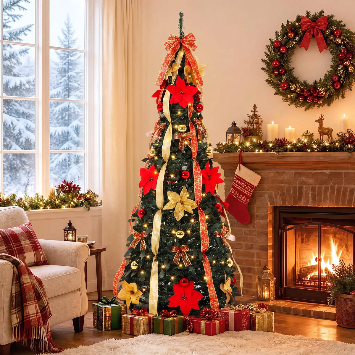 6FT Pre-Lit Pop Up Pencil Christmas Tree, 200 Warm White LED Lights, 8 Modes, Red Gold Ribbon Poinsettia Decor, Slim Holiday Tree