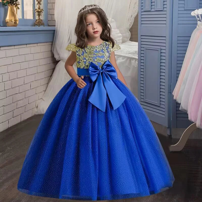 New Christmas Party Princess Long Dress Children's Gauze Lace Birthday Party Dinner Ball Big Butterfly Dress
