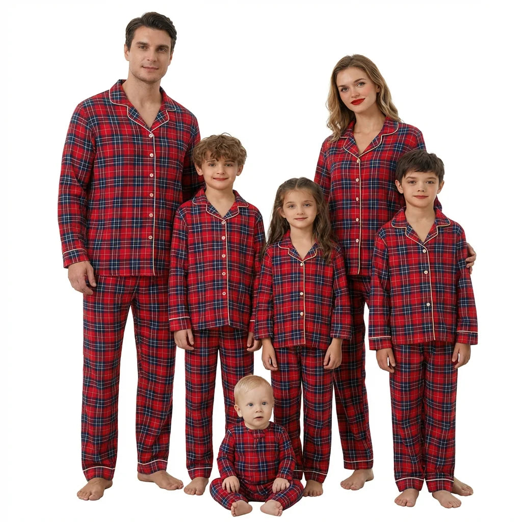 Merry Xmas Family Matching Pajamas Set Plaid Print Adults Kids Christmas Pyjamas Button Shirt+Trousers 2 Pieces Suit Loungewear