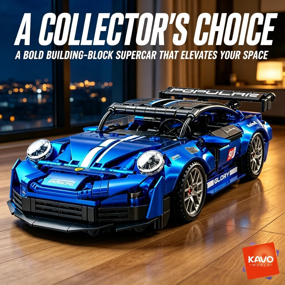 KAVOWORLD Metallic Blue Plated Sports Car Building Blocks Small Supercar Model Toy Kit Race Car Building Set for Teens 14+ GT Assembly Display Model with Rear Wing Spoiler European Classic Speed Car Desktop Decor Halloween Th