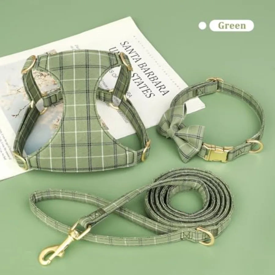 Extra Small Dog Harness Collar and Leash Set with Bowtie, Soft Adjustable Plaid Polyester Harness for Small Dogs and Cats, Red/