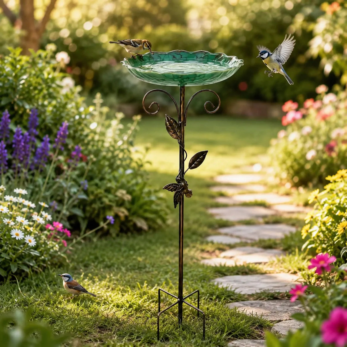 Retro Garden Bird Bath Bowl with Mosaic Design And Gold Leaf Accents Independent Feeder for Hummingbirds And Sparrows Durable No Electricity Required Outdoor Garden Decor