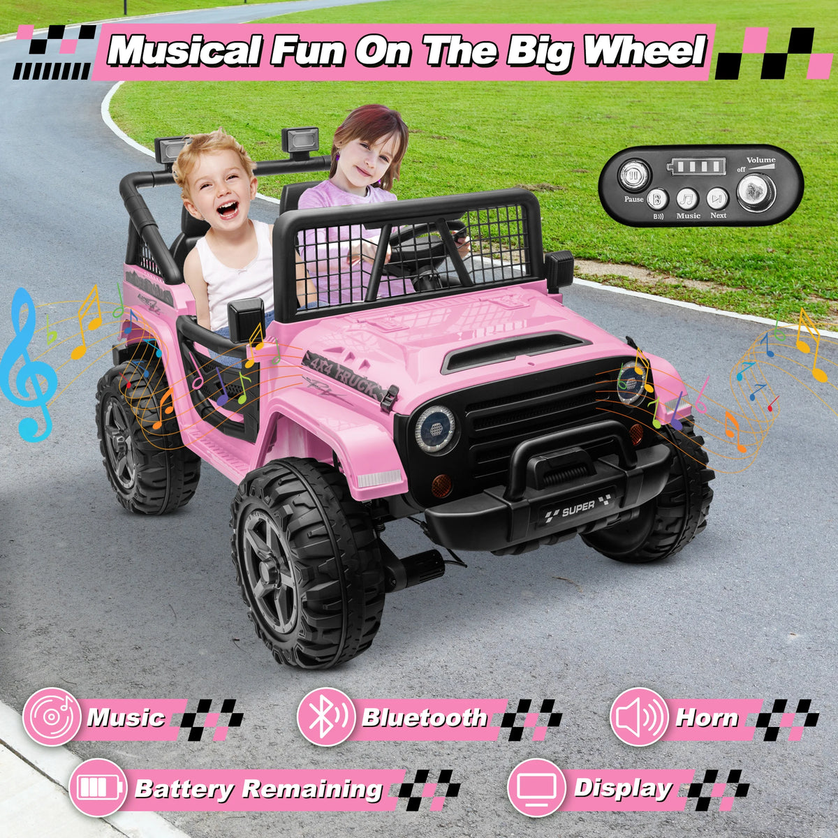 Joyracer 800W 24 Volt Ride on Toys for Big Kids, 4WD/2WD Switchable, 2 Seater Ride on Truck Car W/ Remote Control, Power Car Wheels, 3 Speeds, Spring Suspension, Bluetooth Music, Pink