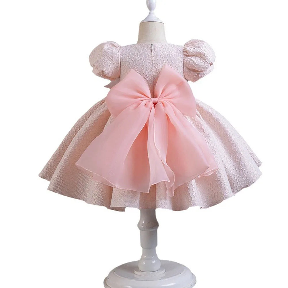 Super Pearl Bow Girl Kid's Dress Puff Sleeve Princess Jacquard Flower Infant Dress Gown Christmas Party Clothes 1-6 Years