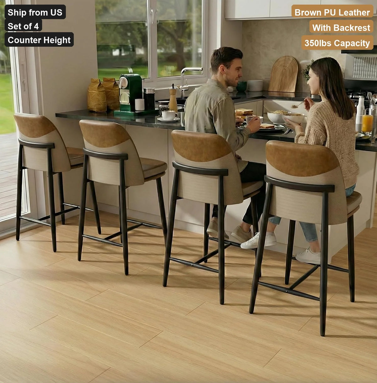 Counter Height Bar Stools Set of 4, Brown PU Leather Barstools with Back Cushion Seat for Kitchen Island Dining Room Chair