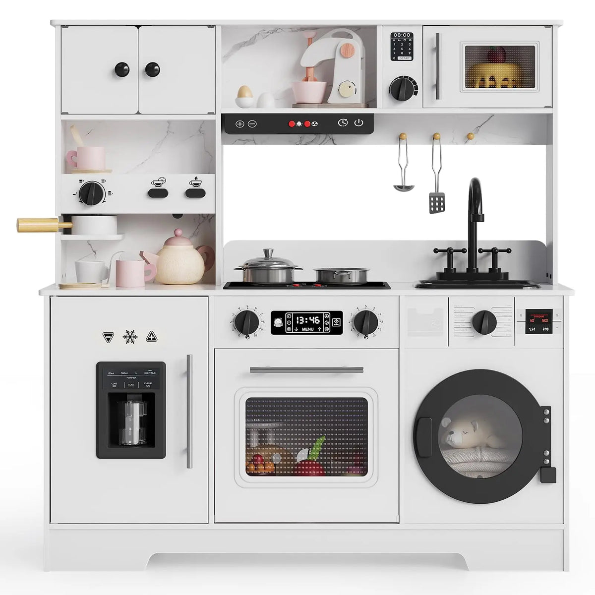 8-in-1 Wooden Play Kitchen Set For Kids With Lights Sounds, Ice Maker, Coffee Machine, Washer, 11 Accessories & Storage, Ages 3+