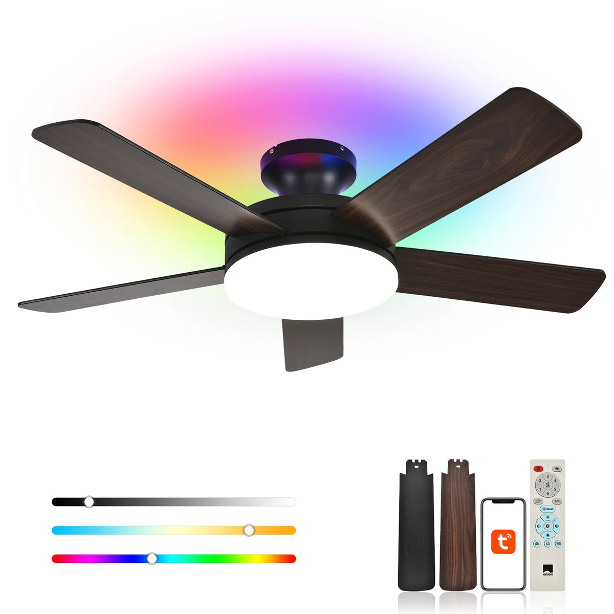 Orison 45" Low Profile Ceiling Fan with Light, Remote/APP Control, RGB Backlight, LED Dimmable, DC Motor, 6 Speeds, 5 Blades