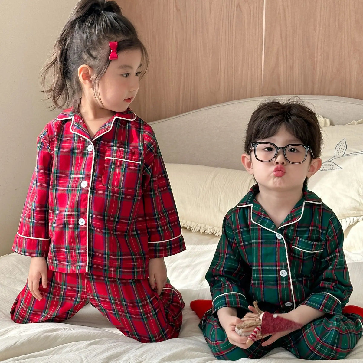 Merry Christmas Kids Pure Cotton Pajamas Set Plaid Print Turn-down Collar Button Shirt Trousers 2 Pieces Suit Homewear Xmas Look