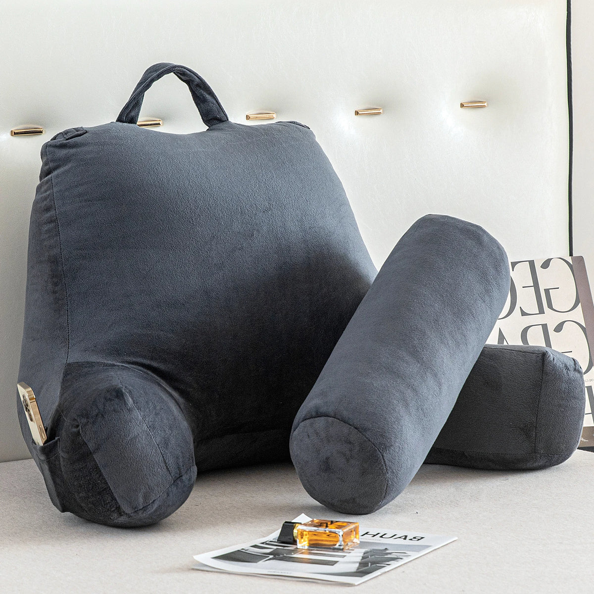 Bed Rest Reading Pillow Sit Up Pillow for Bed Backrest Support Sofa Couch Cushion with Arms, Side Pockets, Detachable Neck Roll