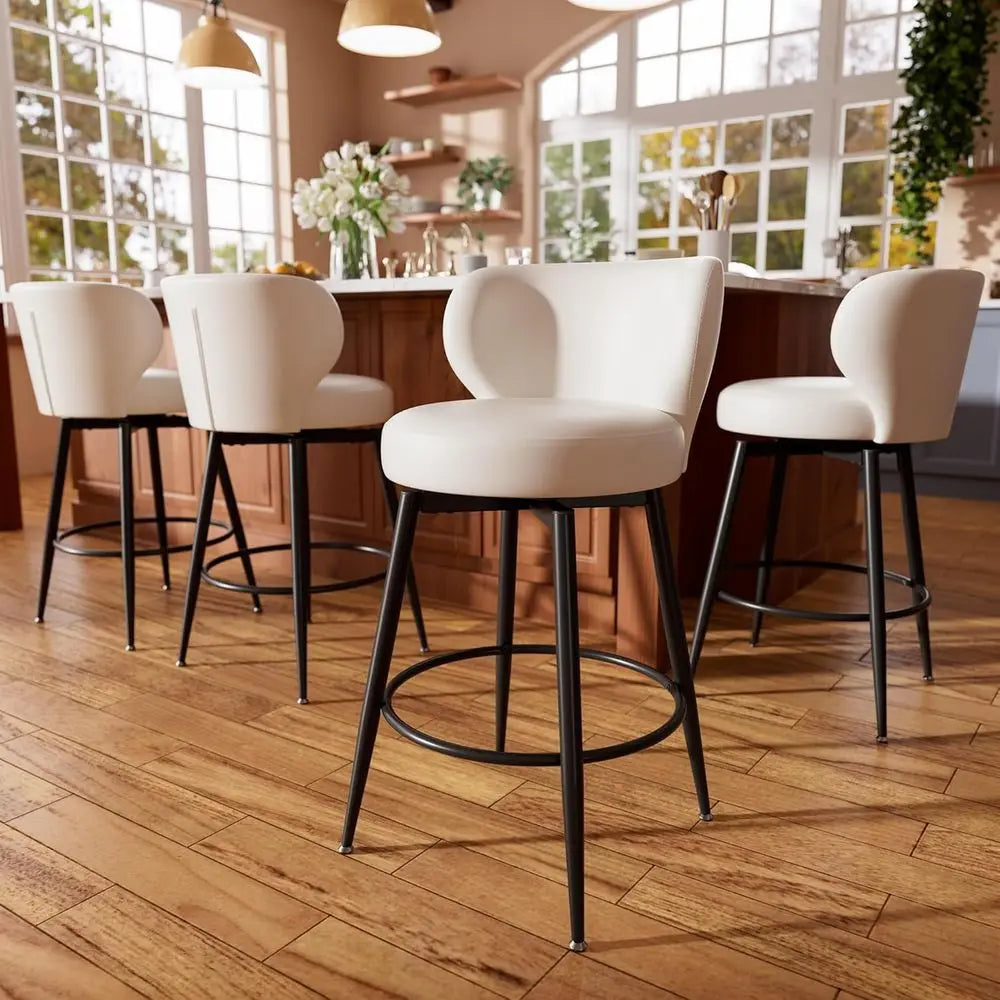 26" White Bar Stools Set o 4, Swivel Kitchen Island Chairs | 3.8" Upholstered Cushion, Ergonomic Winged Backrest, 360° Silent Sw
