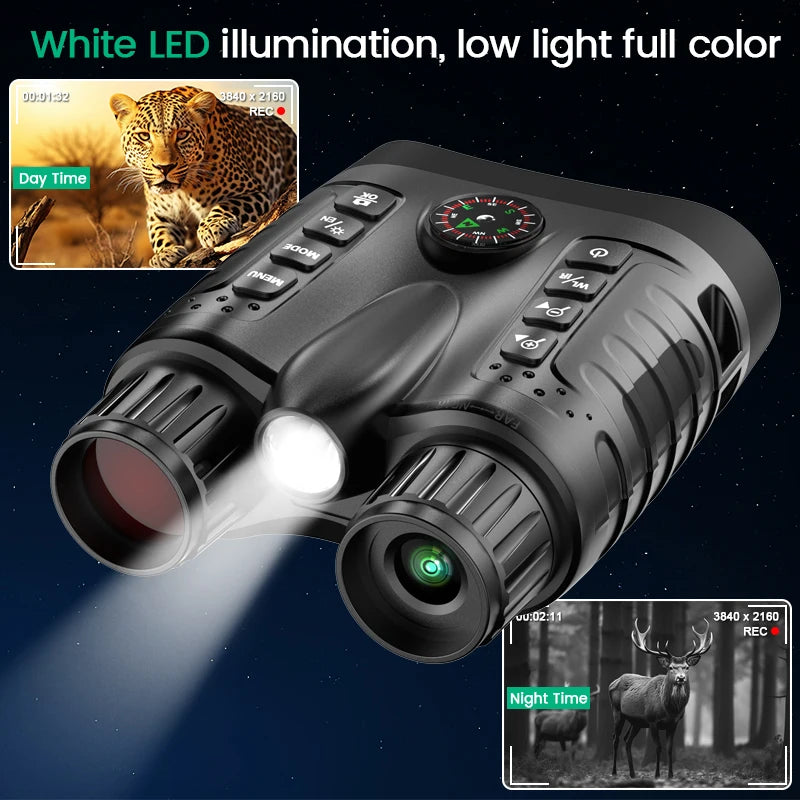 Night Vision Binoculars 36MP 4K 400m Darkness Detection Range Telescope 8x with Mechanical Compass External White LED NV2185