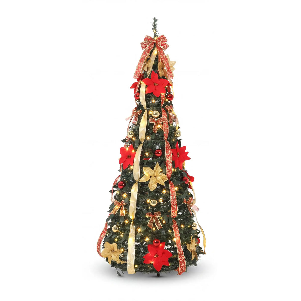 6FT Pre-Lit Pop Up Pencil Christmas Tree, 200 Warm White LED Lights, 8 Modes, Red Gold Ribbon Poinsettia Decor, Slim Holiday Tree