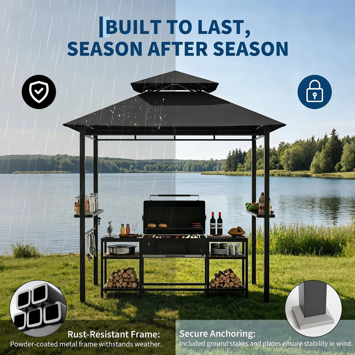 Outdoor BBQ Grill Gazebo 8x5 FT, Double Roof Vented Patio Canopy Tent With 2 Side Shelves For Backyard Cooking