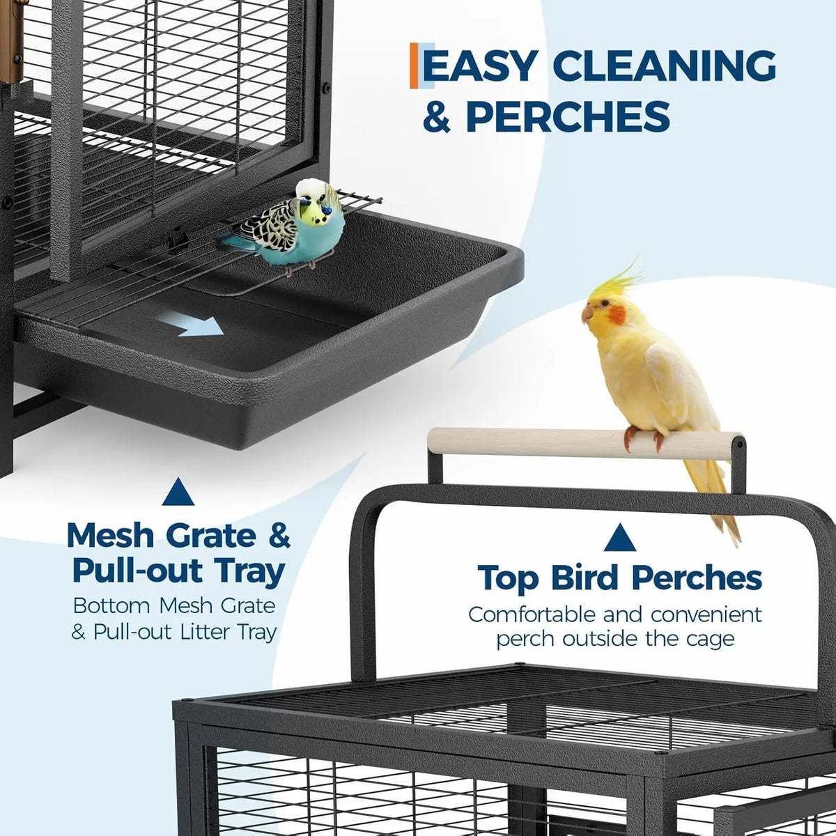 Portable Bird Cage, 19x15x25.5in, Wrought Iron, 2-in-1 Wooden Perch Handle, Removable Deep Tray, For Parakeets, Cockatiels, Budgies & Canaries,Outdoor Activity