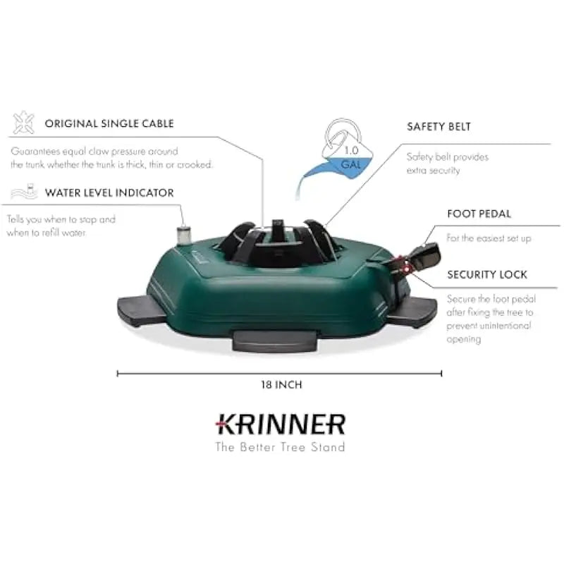 Christmas Tree Stand with Single-Cable System Green Plastic Base Foot-Activated Locking Mechanism 1-Gallon Water Tank Level Gaug