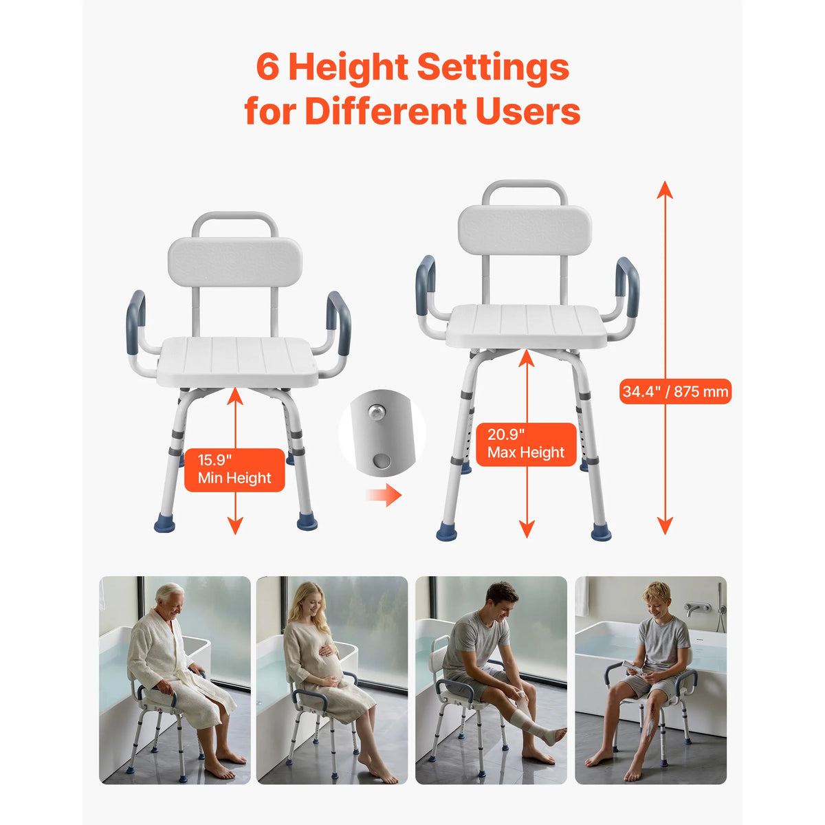 SucceBuy Swivel Shower Chair with Arms and Back 400/500 lbs Adjustable for Inside Shower Stall and Bathtub for Seniors Disabled