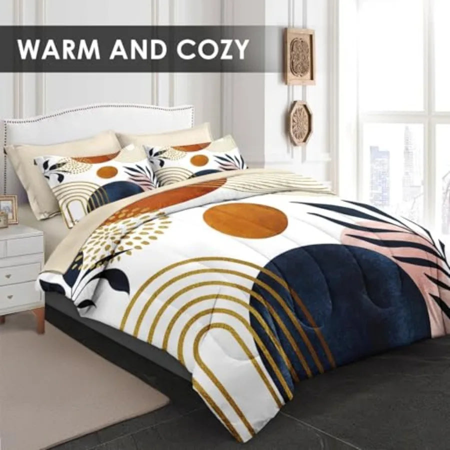 7 Pcs Size Comforter Set with 2 Pillowcases and 2 Shams Mid Century Bedding for Adults Sun Leaf Bed in a Bag with Flat Fitted S