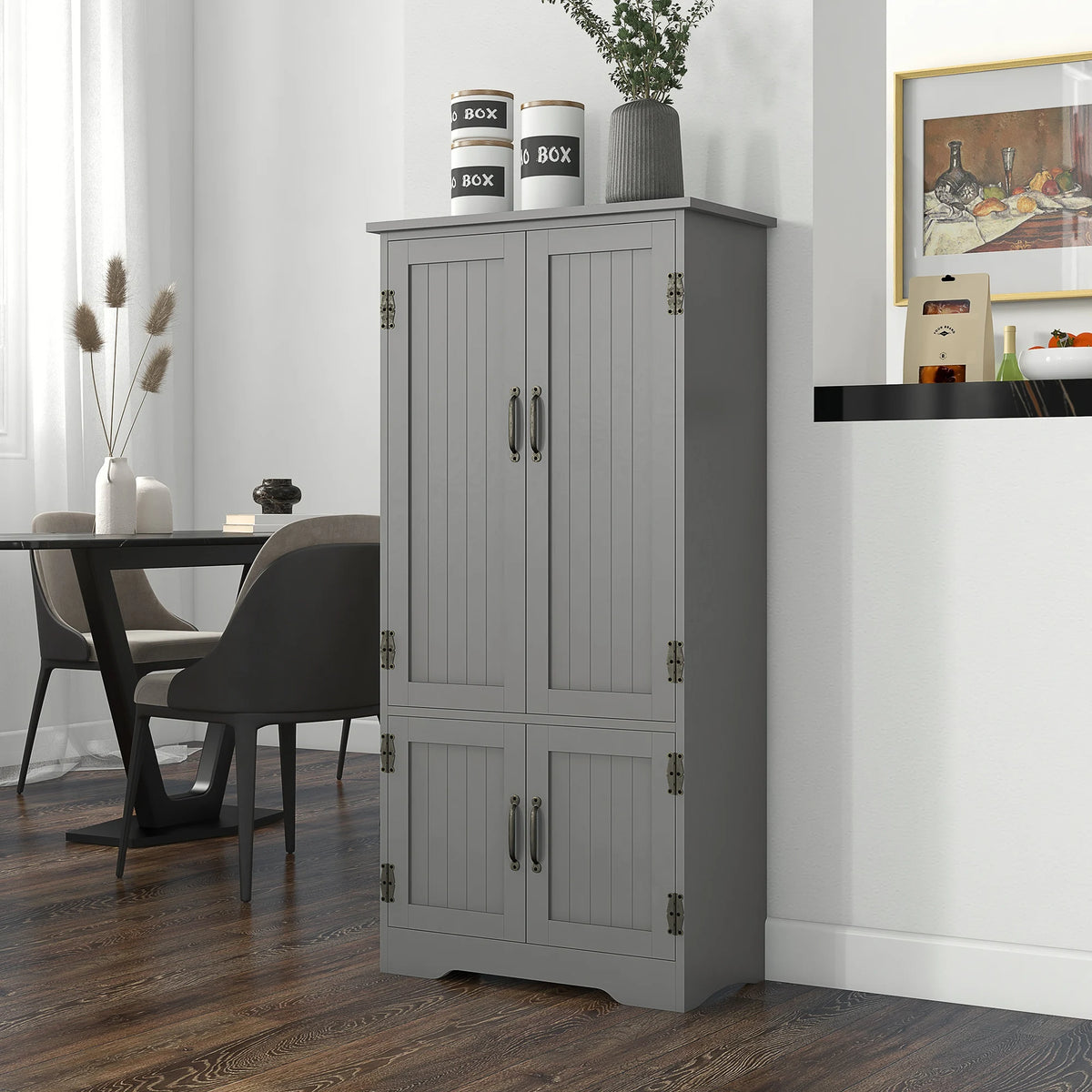 Freestanding Storage Hutch Furniture W/ 2 Large Doors and 2 Small Doors, Gray