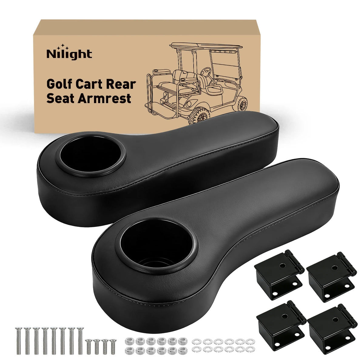 Nilight Golf Cart Armrest Black 2PCS Flip Stand Fits 1 inch Square No Drilling with Detachable Cup Holder Iron Bracket PU Leather Wooden Baseboard for EZGO Club Car Yamaha Rear Seat