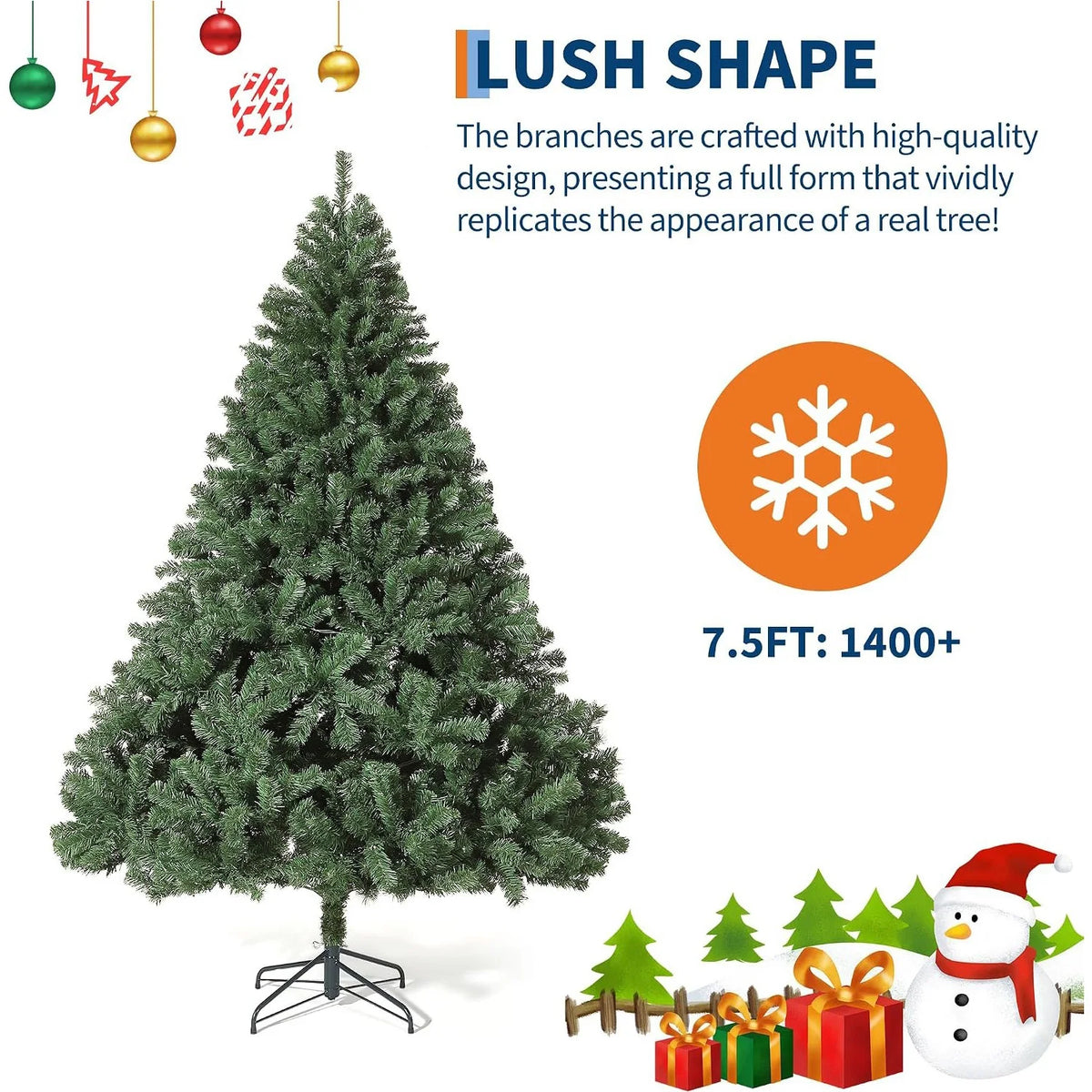 Artificial Christmas Tree 4.5FT 6 FT 7.5FT Unlit Green Spruce Tree with 1450 Realistic Branch Tips Hinged Metal Trunk Collapsible Stand Carry Bag Holiday Decor