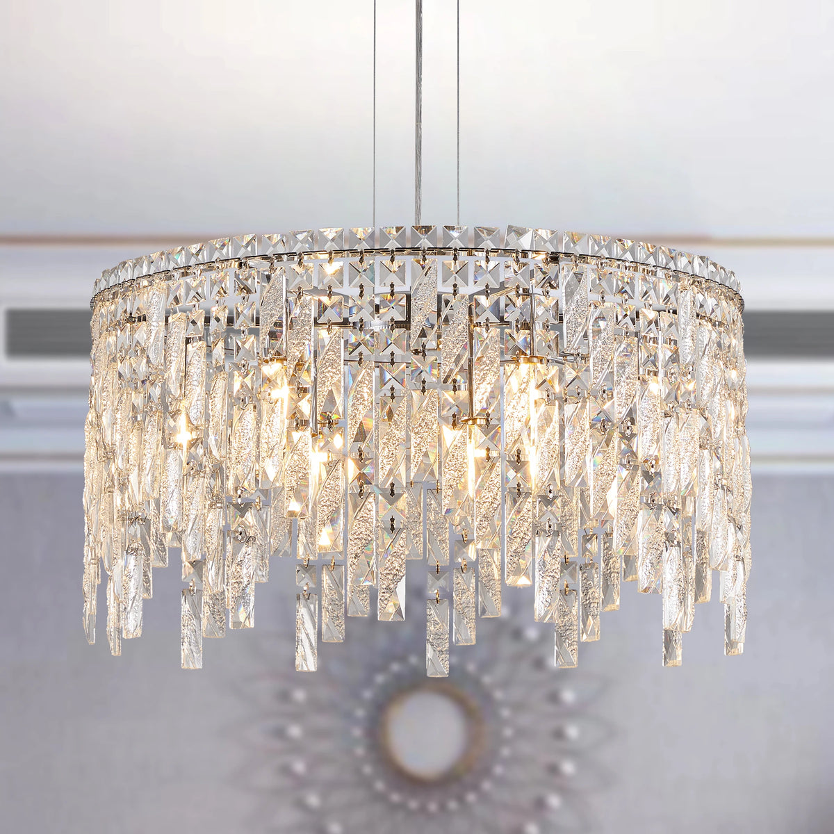24" Luxurious Round Silver Crystal Chandelier, Contemporary Rectangular Pendant Light for Dining Room, Living Room,Grand Foyers