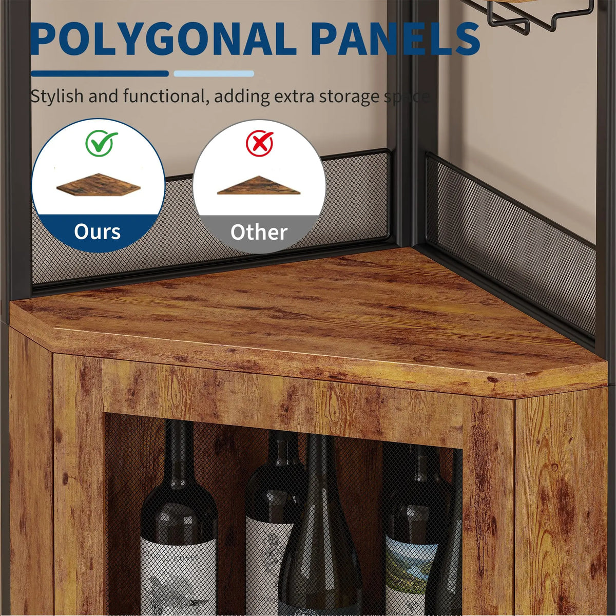 Corner Bar Wine Cabinet With LED Lights, 5-Tier Liquor Storage Cabinet With Glass Holder, Mesh Door & Adjustable Shelf For Home